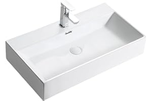 TEAL HOME Lavabo da bagno in ceramica, 75 × 42 × 14 cm, lavabo rettangolare con valvola di scarico pop-up, lavabo sospeso con troppopieno e foro per rubinetto, moderno per un ospite WC