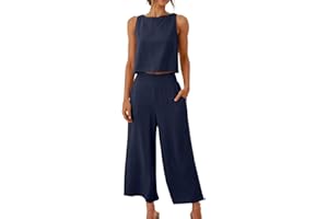 AMhomely Summer Tracksuit Womens Full Set 2 Piece Outfits Linen Sleeveless Tank Top and Wide Leg Trousers Soft Sportswear Palazzo Pants Loose Fit Activewear Solid Color Resort Wear
