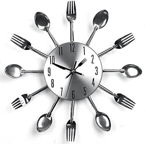 kitchen Cutlery Silver Wall Clock with Toned Forks, Spoons, Spatulas, Stainless Steel Kitchen Utensil Clock for Kitchen Déco Indoor and Outdoor