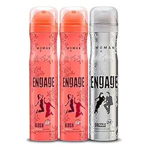 Engage Combo Pack Deo Spray for Women (Blush and Drizzle), Skin Friendly, (Pack of 3; 150ml Each), 450ml