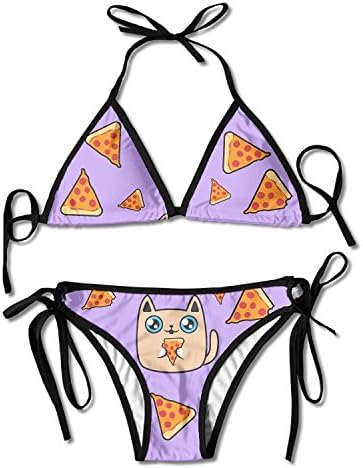 hangyuxingbang Women's Chubby Cat with Delicious Pizza Pattern Sexy Summer Bikini Two Piece Swimsuit