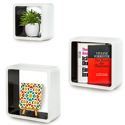 TecTake 3er Set Wandregal Hängeregal Cube Lounge CD Retro Regal – diverse Farben – (Schwarz-Weiß | Nr. 401591) - 3