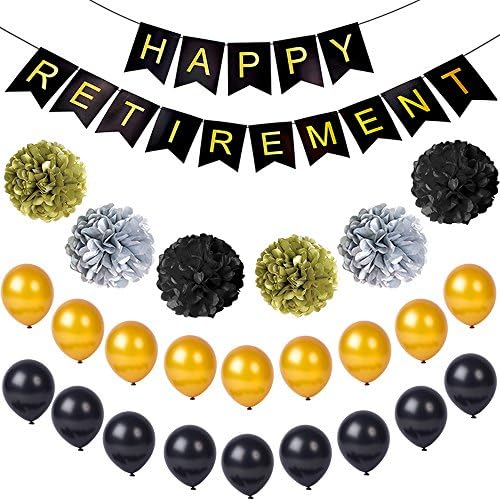 Retirement Decoration, Happy Retirement Banner Bunting, Tissue Paper Flowers Fluffy Pom Poms, Latex Balloons, photo backdrops for Retirement party
