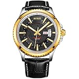 Burei Herren Analog Chronograph Quarz Armbanduhr Fashion Gold Zifferblatt mit Datum Lederband