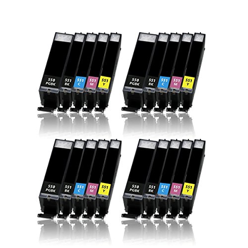 20 Druckerpatronen für CANON PIXMA IP7200 IP7250 IX6800 IX6850 MG5400 MG5450 MG5500 MG5550 MG5600 MG5650 MG5655 MG6300 MG6350 MG6400 MG6450 MG6600 MG6650 MX720 MX725 MX920 MX925 etc. mit Chip, kompatibel zu CANON PGI550 CLI551
