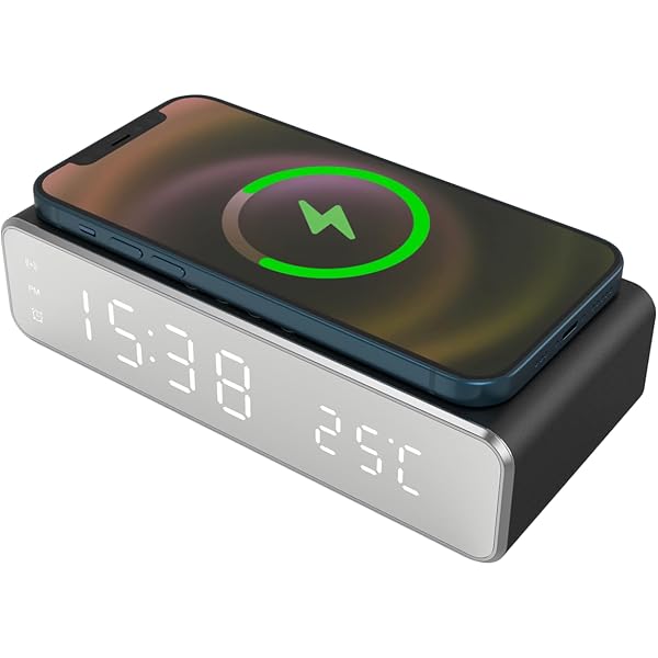 thumbnail: Houten Klok Met Draadloze Oplader - Digitale Wekker, 3-Traps Dimmer, Temperatuur & Datum Display