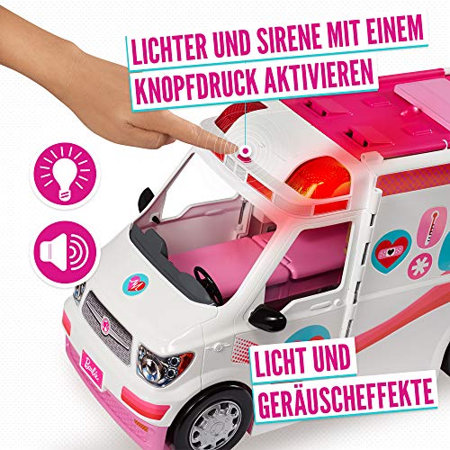 Barbie FRM19 - 2-in-1 Krankenwagen, aufklappbares Fahrzeug mit Licht und Geräuschen, Puppen Spielset mit Zubehör, Mädchen Spielzeug ab 3 Jahren - 2