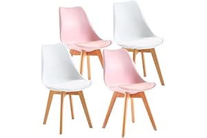 EGGREE Lot de 4 Chaises Salle à Manger Scandinaves SGS Tested Chaises de Cuisine, Rembourrée Chaise de Bureau, Pieds en Bois de Hêtre Massif, 2 Blanc + 2 Rose