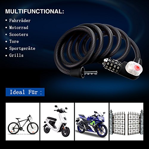 OUTERDO LED Licht Selbst Coiling MTB Fahrradschloss Kableschloss 4 Steillige + Schlüssel + LED Licht, Doppelter Schutz Anti Diebstahl Schloss 1.8M Schwarz - 6