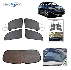 Kingsway Half Magnetic Sun Shades/Curtains for Cars with Rear Windshiled for Maruti Suzuki S Cross (Model Year : 2017 Onwards) (Set of 7, Half Cut, Cotton Mesh Fabric)