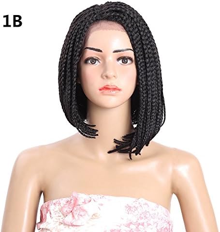 YUOIOYU 14 inch Bob Synthetic Lace Front Wig with Baby hair Colored Box braid wigs for Black Women (1B)