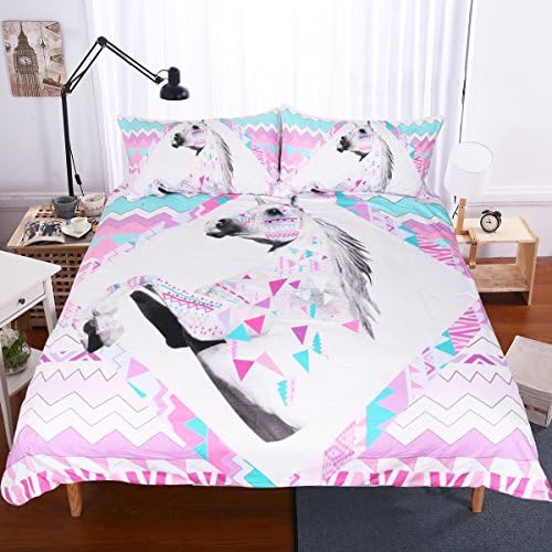 HTST Unicorn Duvet cover set 3d animal print effect quilt, bedding set poly cotton new 3pcs, 1 Quilt cover,2 pillowcase,Pink Bedroom Set, Full