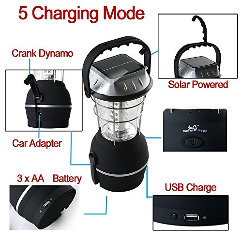 AGPtek Solar-Camping-Licht, 5 Modi, Hand-Kurbel-Dynamo, Solarleuchte, 36-LED-Laterne, Wiederaufladbares Camping-Licht, für Notfall / Arbeit, sehr hell – wasserdichte Laterne – USB-Aufladung – Für Camping / Wandern / Notfälle / Wirbelstürme / Stromausfälle - 3