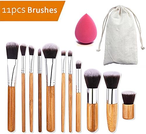 Makeup Brush Set,AIDUE 11 pcs Cosmetic Foundation Brush Eye Brushes Eyeshadow Brush Blending Brush Highlighter Brush Eyeliner Make up Brushes with Eco Friendly Brushes Holder Drawstring Organiser Bag and Free Gift Sponge for Women Girls Kids (11Pcs-Bamboo)