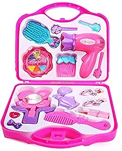 Play Beauty Salon Fashion Play Makeup kit and Cosmetic Toy Set with hairdryer, Mirror & Hair Styling Accessories with a Beauty Suitcase for Little Girls- Pink
