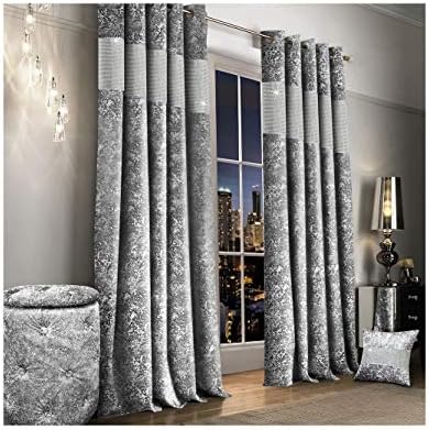Shaws Direct Crushed Velvet Diamante Curtain Fully Lined Ring Top/Eyelet Pair of Curtains (Silver, 66" Wide (168cm) x 72" Drop (183cm))
