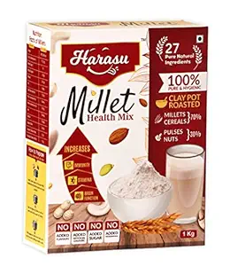 Harasu Millet Health Mix 1 KG, 100% Natural nutrition for kids and adults, Diabetic Friendly, Clay pot Roasted, traditionally made with a combination of 27 natural ingredients such as cereals, grains, millets and nuts