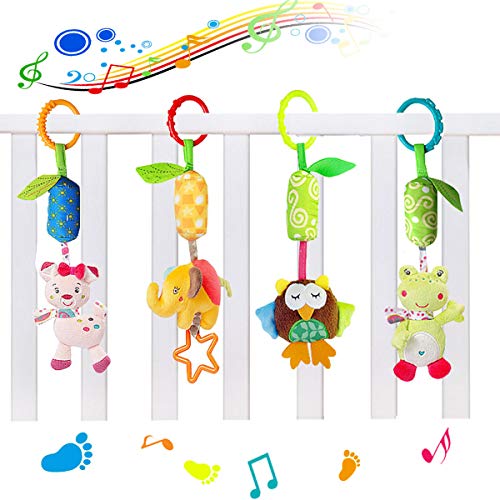 Vindar 4 Packs Baby Pram Pushchair Stroller Toys, Infant Bed Cot Crib Attachments, Cartoon Animal Hanging Rattle Toddler Toys, Soft Flock Fabric, with Ringing Bell Build-in BB device