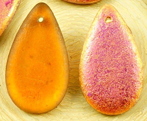 4pcs Crystal Metallic Capri Gold Copper Half Rough Rustic Etched Extra Large Teardrop Pendant Flat Czech Glass Beads 30mm x 18mm