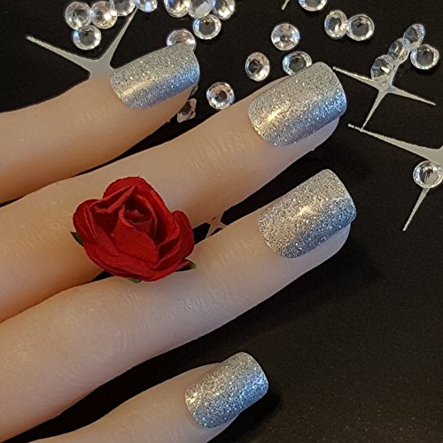 Bling Art False Nails French Manicure Silver Gel Glitter Glossy Medium Tips UK