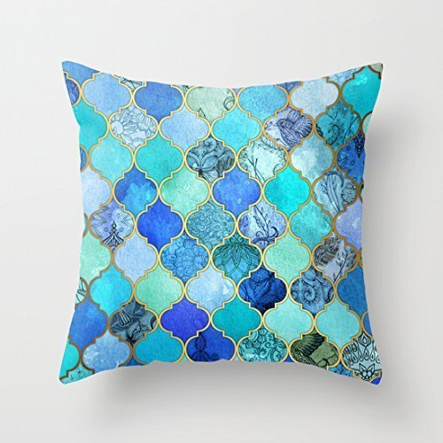 Kobalt Blau, Aqua, Gold dekorative Marokkanische Fliesen Muster Kissen Fall 16 x 16 (One Side)