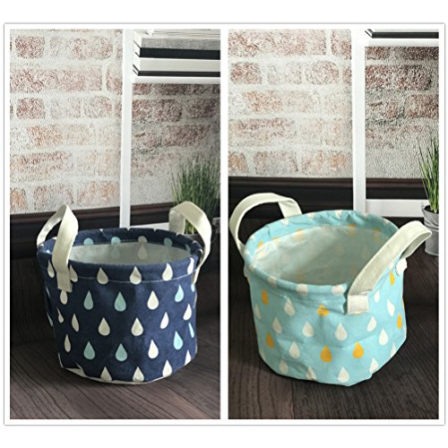 Inwagui Baumwolle 2-er Set Aufbewahrungskörbe Runde Spielzeugkiste Wasserdicht Aufbewahrungskiste für Schreibwaren Kosmetik Organisation – Regentropfen - 4