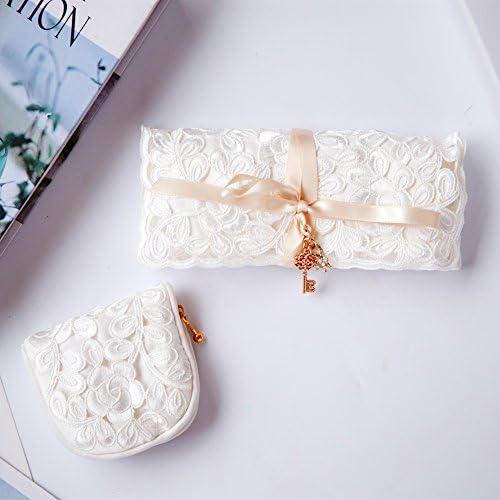 Lace Jewellery Roll Up Case Set - KingOfHearts™ One Lace Rolling Case &amp; One Mini Pouch for Organizer, Storage and Display of Earrings, Necklaces, Rings, Bracelets, Small Traveling Bag for Protection of Jewelry - White