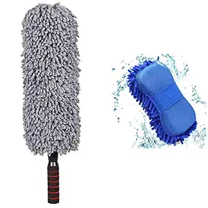 TONY STARKCombo of Round Telescopic Single-Sided Extra Large Big Chenille Mitt Microfiber Dry/Wet Car Duster Brush with Expandable Handle and Sponge Cleaning Accessories