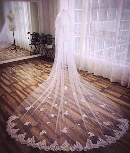 Yu* Wedding veil Bride wedding accessories Two-tier Cathedral Veils/handmade row of flowers/water soluble lace soft mesh Applique Edge Tulle, beige