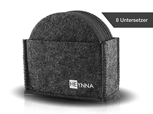 HEYNNA Glasuntersetzer Set Filz / 8 runde Untersetzer mit praktischer Halterung – Premium Tischuntersetzer für Tassen, Gläser und Flaschen / Farbe dunkelgrau - 3