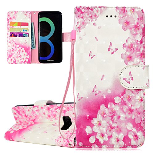 ISAKEN Galaxy S8 Plus Case, Galaxy S8 Plus Cover, Wallet Case with Flip Stand for Samsung S8 Plus, Bookstyle Printing Drawing Inlaid Bling Shiny Glitter Diamond PU Leather Magnetic Flip Wallet Case PUrse Bag Cell Phone Case mobile Cover Protect Skin with Credit Card Slot Stand Stander Holder - Pink flowers
