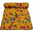 YUVANCRAFTS Indian Bird Print Kantha Quilt Twin Size Cotton Kantha Throw Kantha Bedspread Blanket Bed Cover Vintage Quilt Boho Kantha Quilts (Yellow)