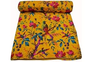 Yuvancrafts Indian Handmade Single Kantha Quilt Floral Print Pure Cotton Twin Size Kantha Throw Blanket Bedspread Gudari (Yellow Bird)