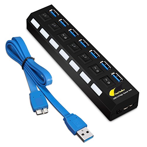 ONCHOICE USB 3.0 Datenhub 7 Ports Mit 100cm USB Kabel Ultralight Verteiler Schwarz mit Diagnose LED Superspeed Anzeige Unterstützt Hot Plugin bzw Plug & Play mit Energiespar Schalter für PC Laptop Notebook Computer Windows MAC(EUR Power Adapter nicht im Lieferumfang enthalten) - 3