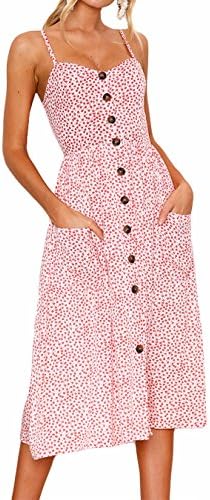 FASTYLING Women's V Neck Retro Summer Dress A-line Sleeveless Backless Buttons Sunflower Beach Dress Midi Dress With Pockets