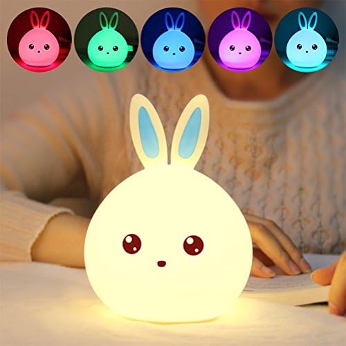 IPUIS Colorful Silicone Children Night Light Rabbit mini night light Bedside Lamp For 3 Modes White &amp; 7 Color Flashing &amp; RGB 3 Fixed Color Rechargeable Table Light Touch dimming Pat light for Bedroom baby room desk camping book club Romantic gift - Cute rabbit