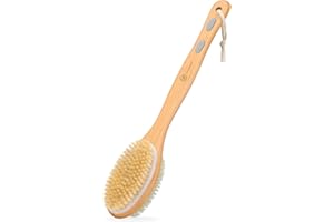 FREATECH Back Scrubber Bath Shower Brush with Soft & Stiff Natural Bristles, Long Handle Bath Brush Body Exfoliator for Wet/Dry Brushing, Remove Dead Skin, Acne and Blackheads