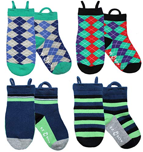 Ez Sox Calcetines de chico con puntera sin costura y sin deslizamiento, tira hacia arriba, argyle, stripe, 5-9 años