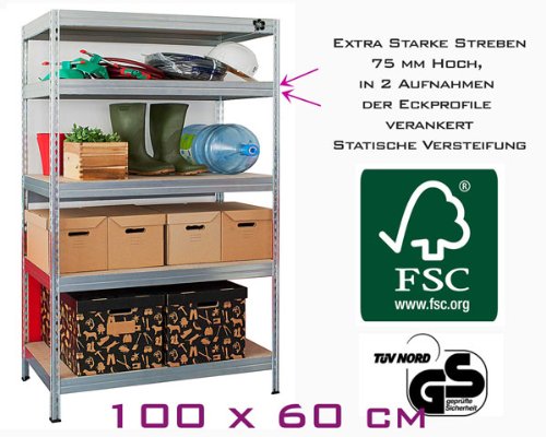 Regal Lagerregal Kellerregal Metallregal Steckregal der Marke Lagerknecht® TÜV - geprüft- Regal Verzinkt 100 x 60 cm bis 825 kg belastbar * mit Hibiskusblüte FSC Zertifiziertes Holz