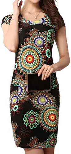H&amp;E Women's Bohe Print Crewneck Short Sleeve Bodycon Dress X-Small Black