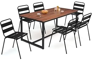 IDMarket - Salon de Jardin Soho Acier + Acacia Table 180 cm et 6 chaises empilables Noires Design Industriel