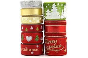 GUKASXI 9 Rollos Cintas de Navidad Tela Decoración Manualidades Cintas Lazos Embalaje Regalo Cajas Flores Arbol Navidad Fiestas Casa Roja Dorada Verde Blanco navideña Ribbon Strap Trim Hair Band Costura