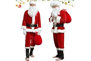 Kouric Disfraz papa Noel Adulto,Conjunto de 10PCS Traje Papa Noel Adulto con Barba,Disfraz Santa Claus de Cosplay para Adultos,Santa Claus Costume para Navidad/Celebraciones/Fiestas