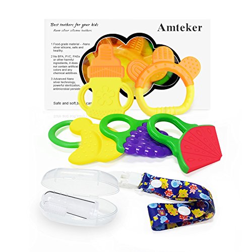 Amteker Massaggiagengive Refrigerante di Frutta, Bambini Dentizione Giocattolo, Baby Spazzolino da denti e Cli
