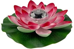Lurrose Artificial Floating Lotus Flower with Solar Light Water Lily Lifelike Ornament 28cm for Pond Fish Tank Pool Decoration Red
