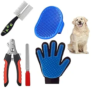 Hachiko (Combo of 4) Imported Pet Gloves + Nail Clipper + Hair Comb + Bath Gloves Grooming Kit for All Pets Dog, Cat, Rabbit, Hamster