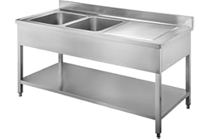 Arredo Chef Plonge INOX pour Cuisine Professionnelle, Bar, hôtel, Restaurant, collectivité.… (180 x 70 x h 95 cm, 2 Bacs à Gauche)