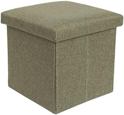 SINGLE SEATER FOLDING SQUARE OTTOMAN FAUX LINEN HOME OFFICE STORAGE FOOT STOOL SEAT POUFFE 38CM X 38CM (Green)