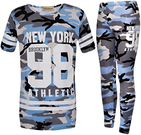 Girls Kids Adios Camouflage Print Army Crop Top &amp; Bottoms Leggings Tracksuit Suit Age 2-13 Years (7-8 Years, 98 Camo Blue)