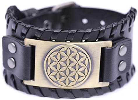 Ancient Egyption Flower of Life Sacred Geometry Braided Wide Leather Wristband Bracelet